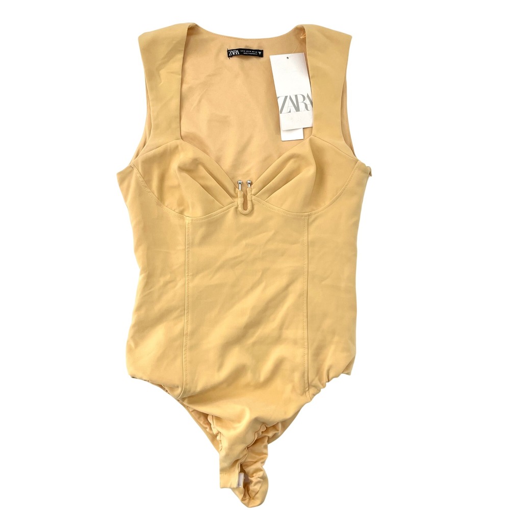 Zara Women Yellow Corset Bodysuit Sweetheart Neck Hardware Detail Size M NEW